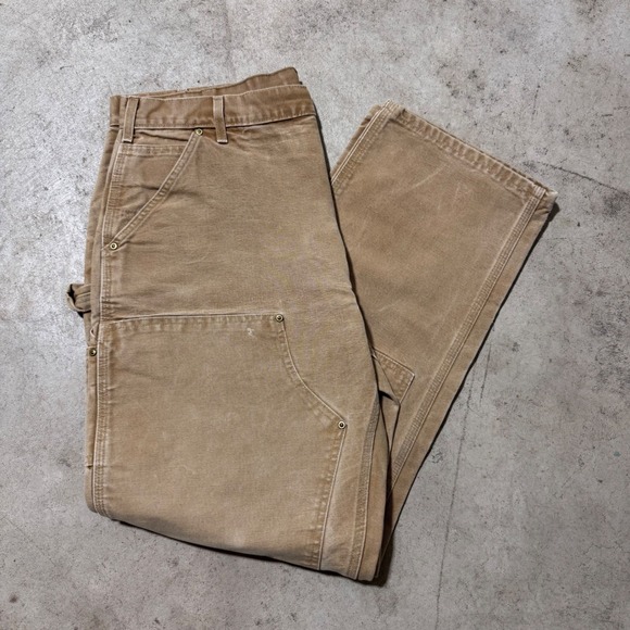 Vintage 90s Carhartt Double Knee Carpenter Pants Tan 38x32 Canvas Workwear - Picture 1 of 7